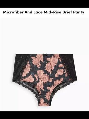 torrid Black Brief Panty with Pink Rose Print and Lace Trim